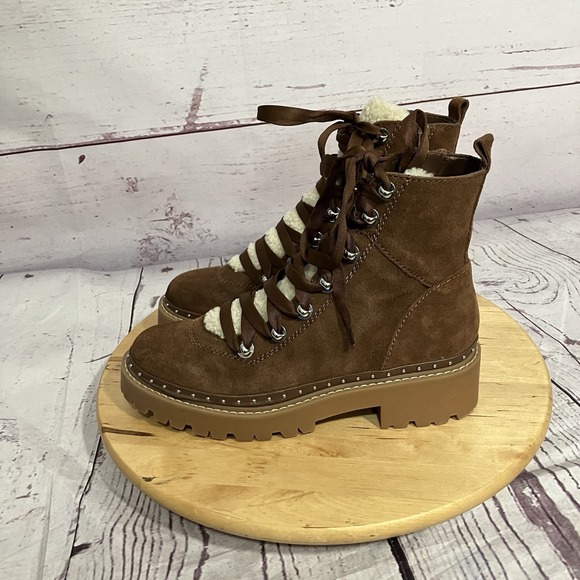 Steve Madden Rainier Womens Size 8.5 Brown Leather Faux Fur Lug Boot Combat - Picture 3 of 9